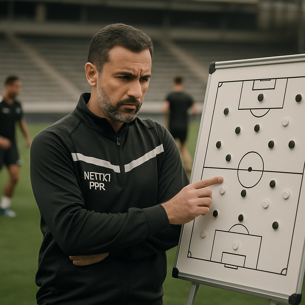 Neftçi PFK coach reviews player positions on a tactics board as the squad trains