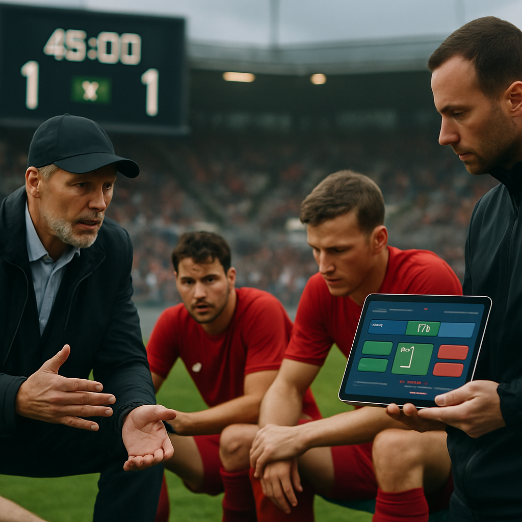 A football coach reviews a live match interface on a tablet as players regroup