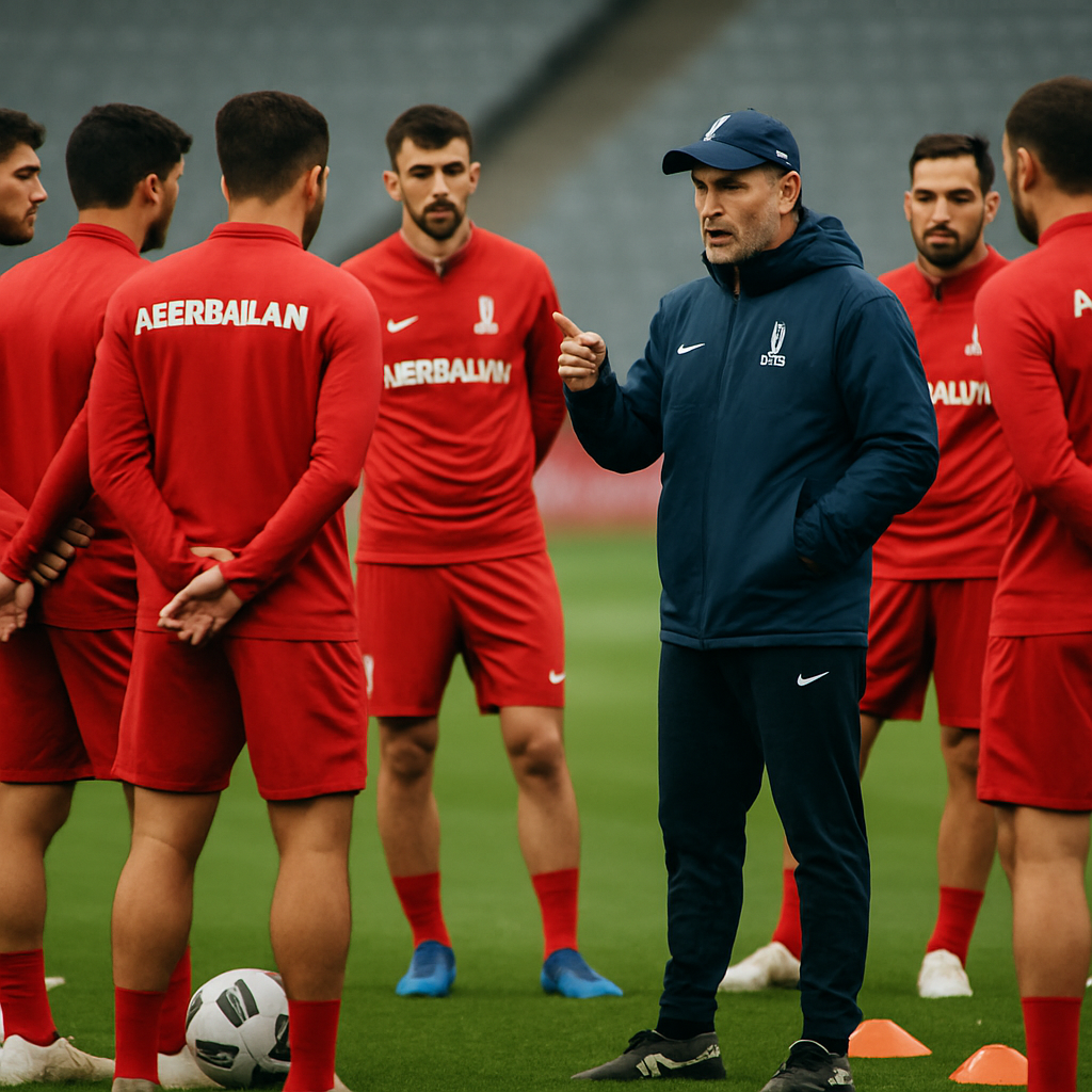 Azerbaijan national team players gather around their coach during a training session, preparing tactically