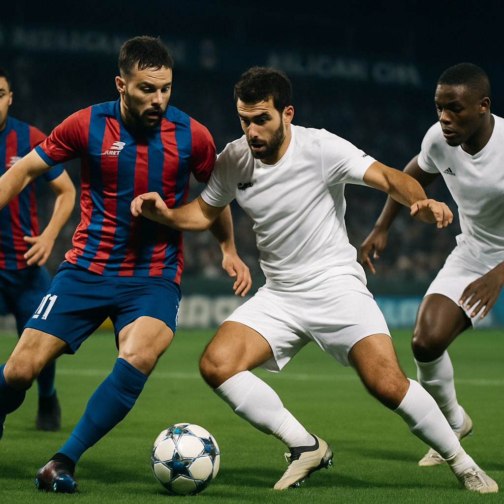 Players contest the ball during a floodlit Azerbaijani Cup match.