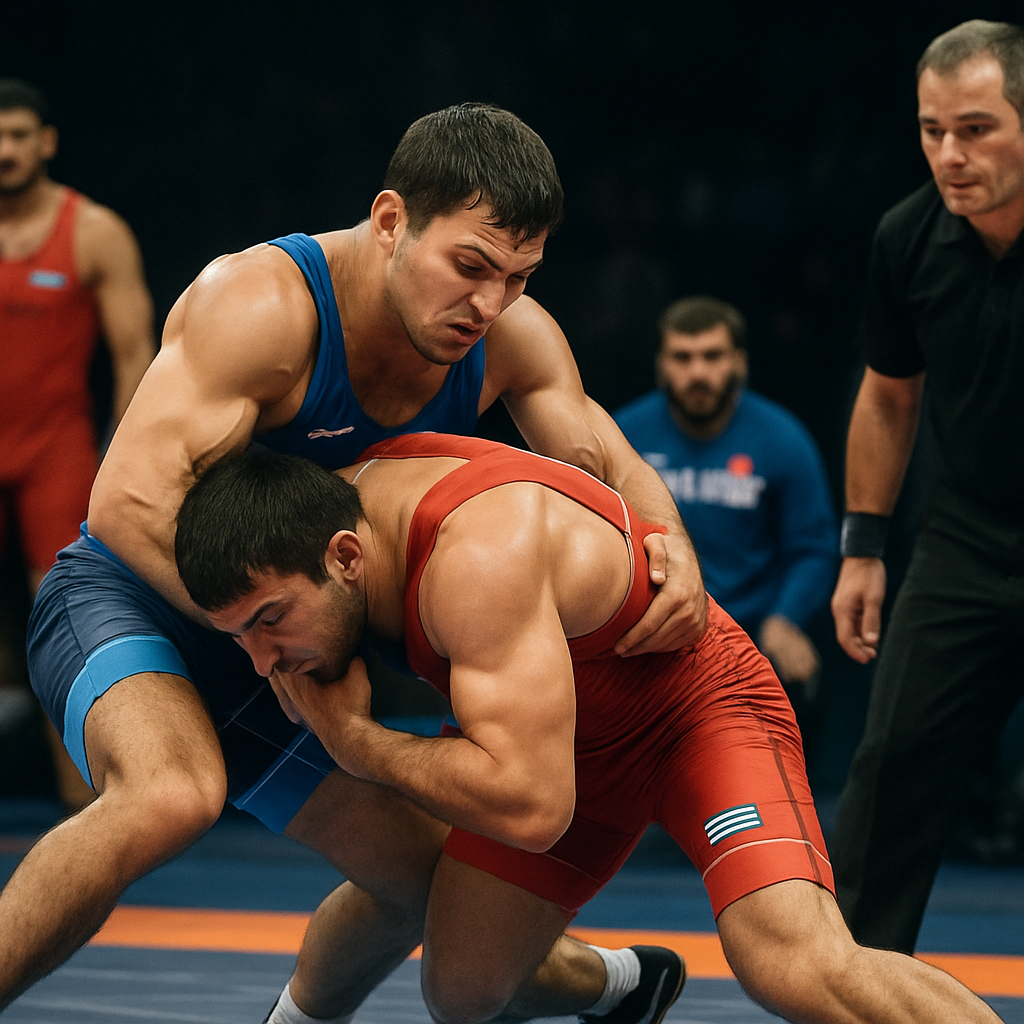 Azerbaijani wrestlers battle for a decisive point in an international tournament, with teammates and