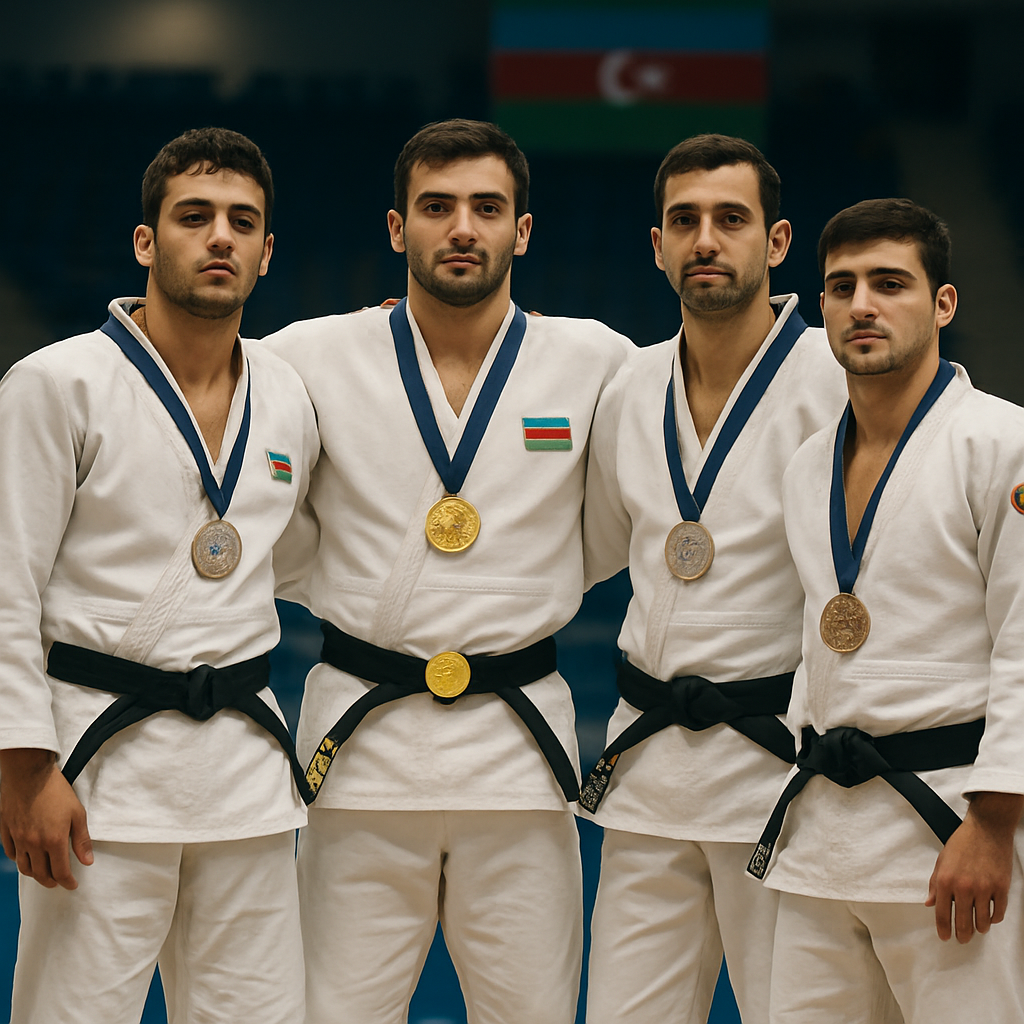 Azerbaijani judo athletes celebrate their medal-winning results on the Aktau Asian Open podium.