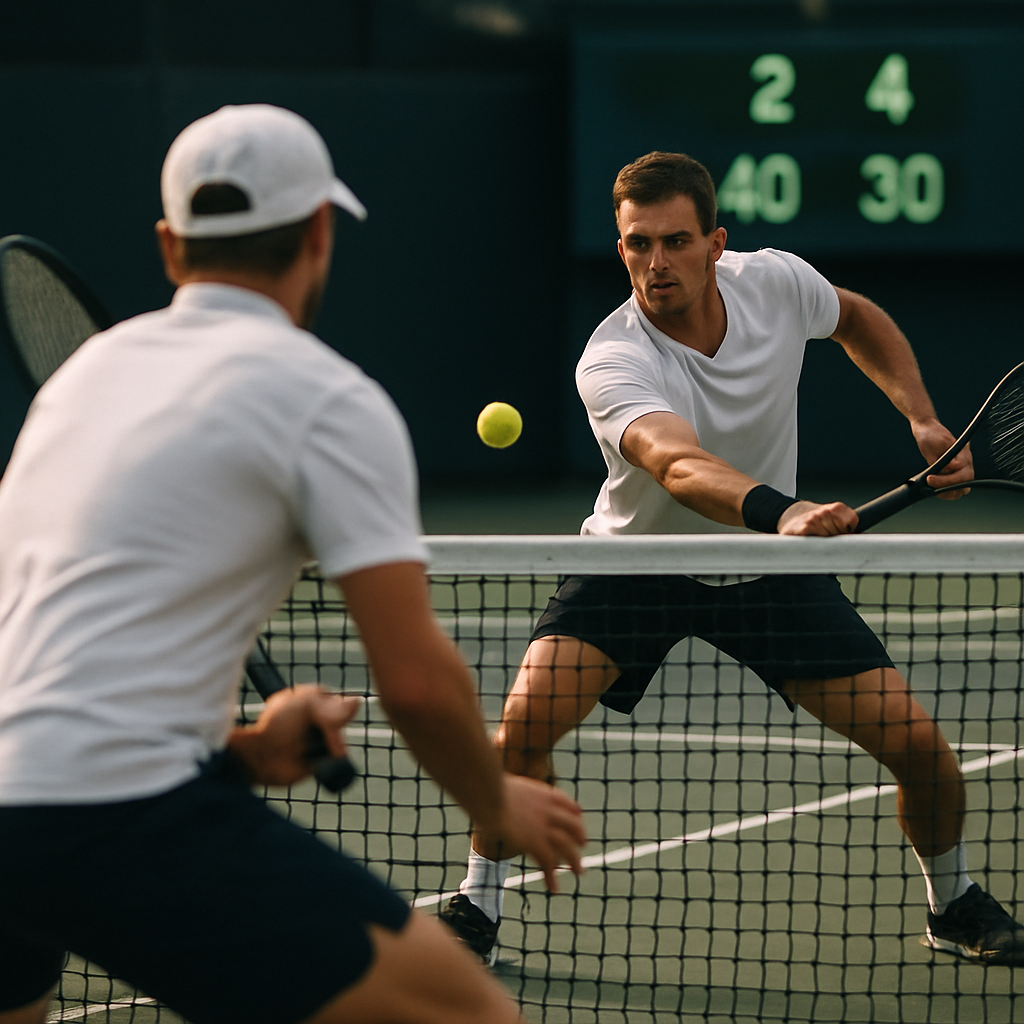 Two tennis players in a focused rally, capturing the changing rhythm of a set.
